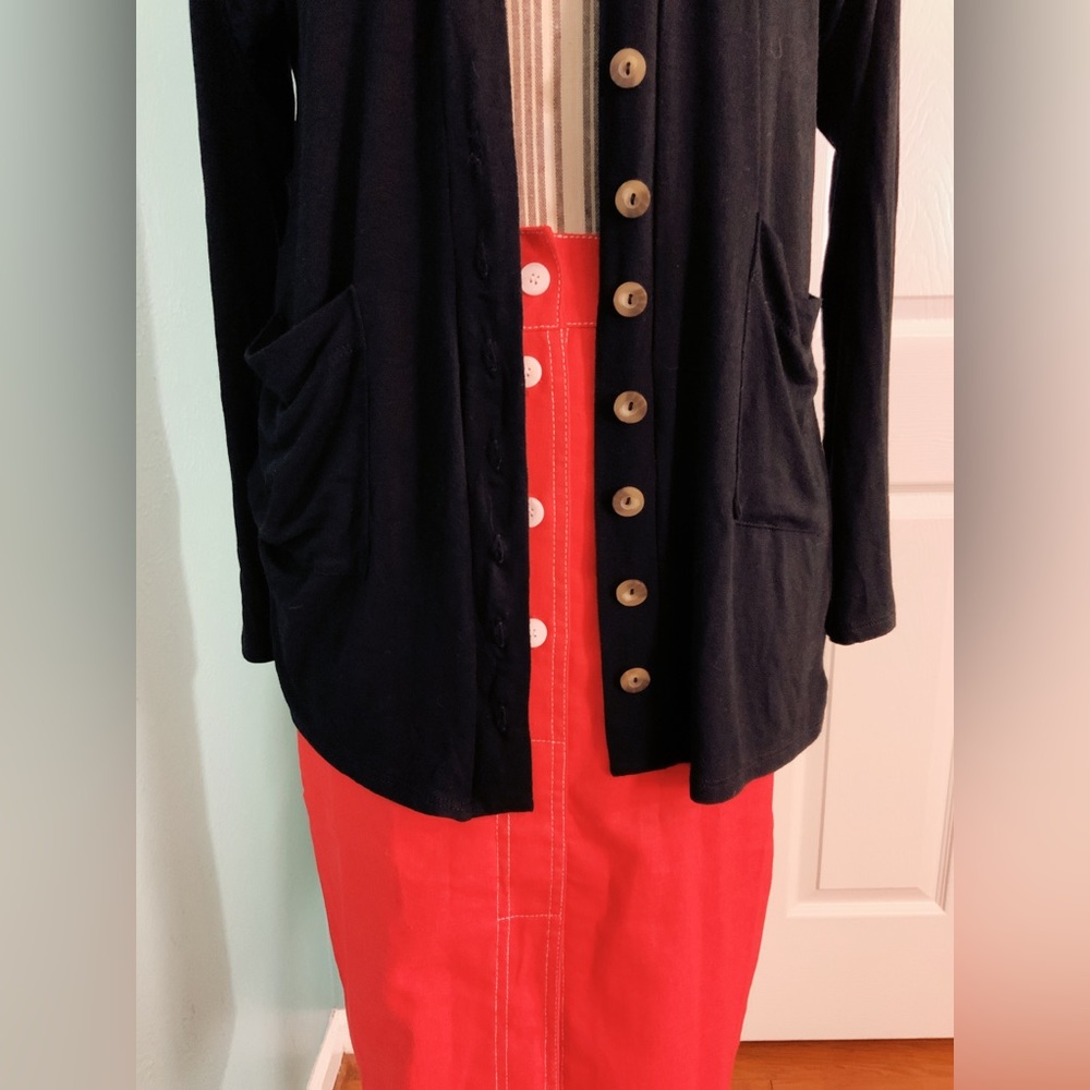 SALE Red Soft Denim Linen Pencil Skirt Button Up Pockets Cotton S M L - Picture 10 of 15